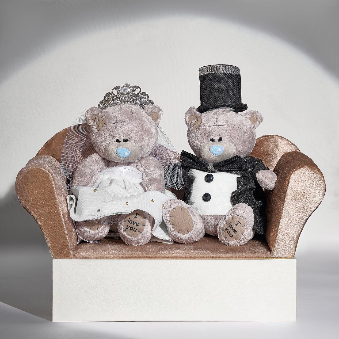 Bride & Groom teddies on sofa