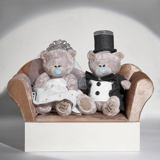 Bride & Groom teddies on sofa