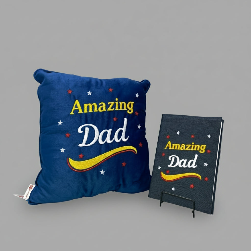 Blue pillow with 'Amazing Dad' text and a matching sign on a gray background