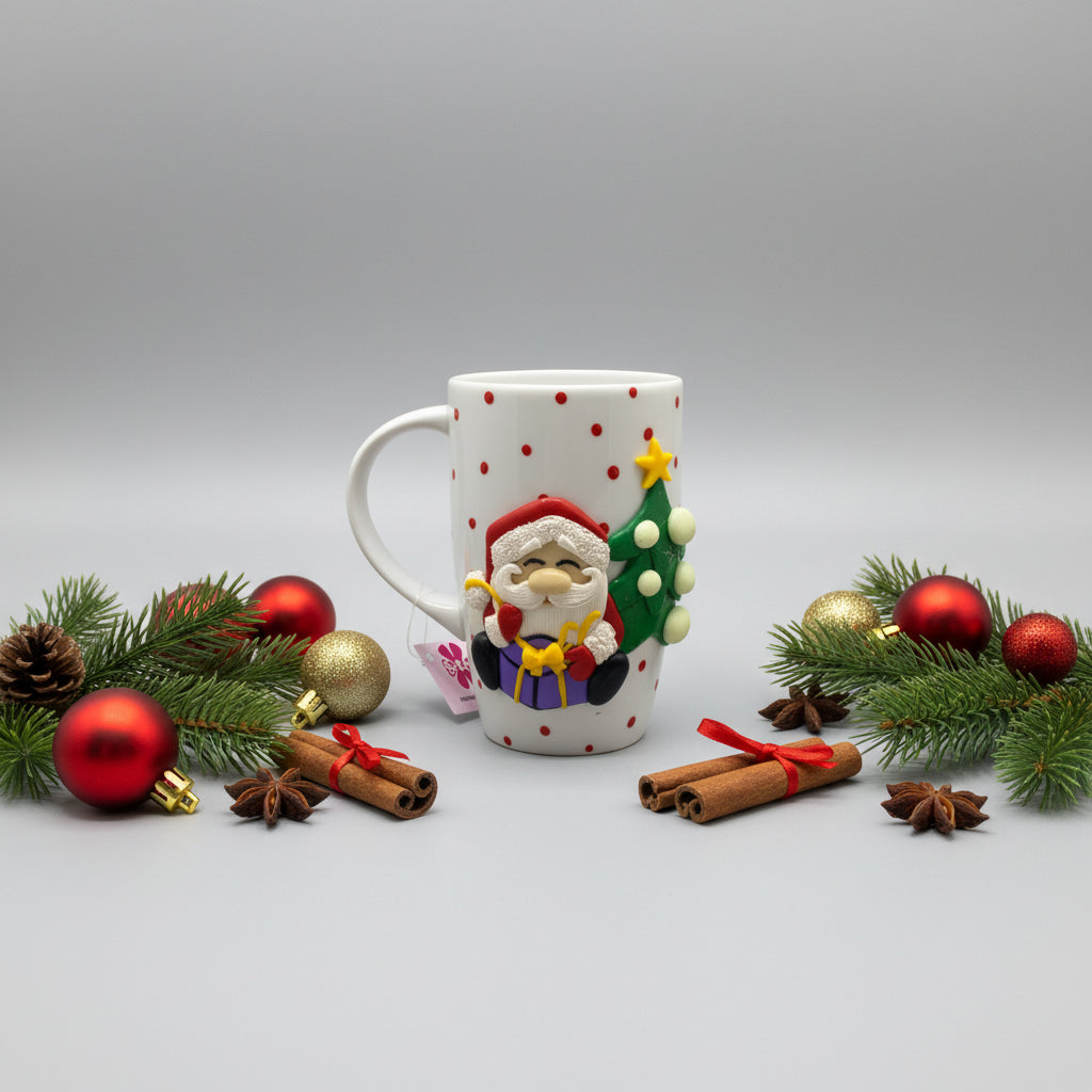 Decorative mug with colorful design on a plain background