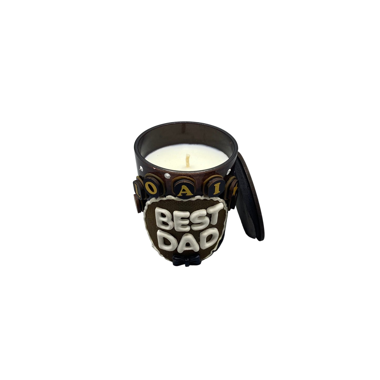 Candle in a decorative holder with 'Best Dad' text on a gray background
