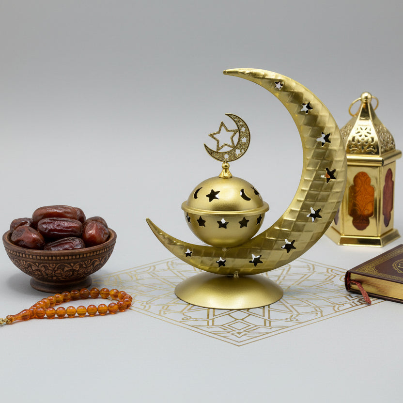 Decorative gold wall-mounted item with moon and star design on a gray wall.