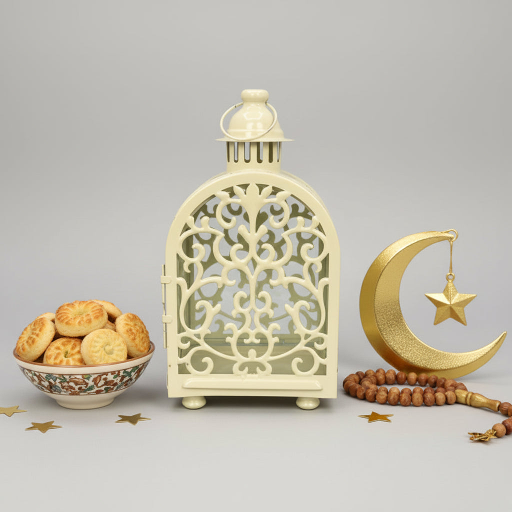 Decorative wall-mounted lantern with intricate patterns on a plain background