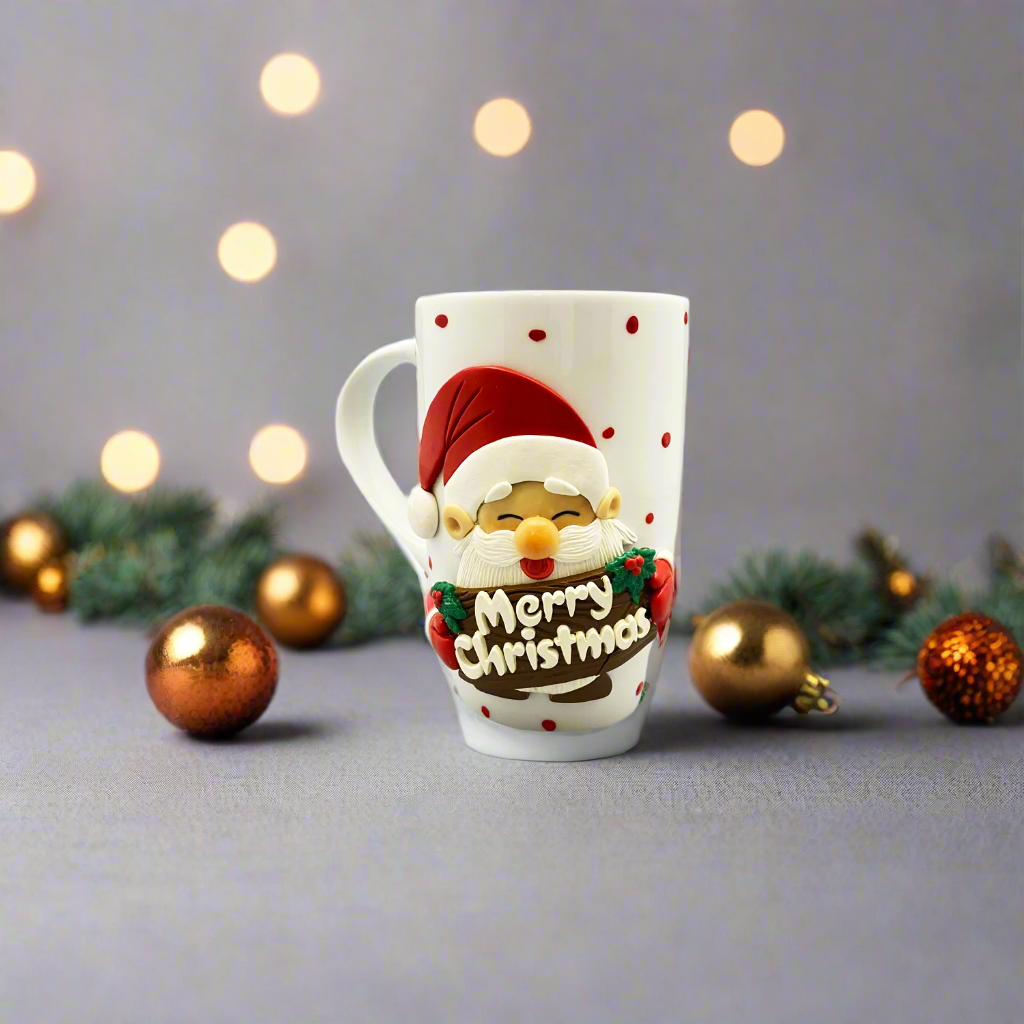 Festive Ceramic Christmas Mug With 3D Handmade Santa - 3