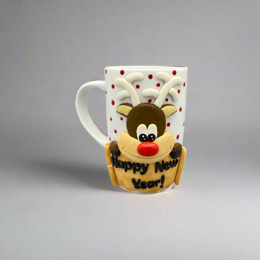 Festive Ceramic Christmas Mug With 3D Handmade Dasher Santa's Reindeer - 6