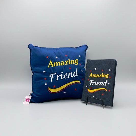 Blue pillow with 'Amazing Friend' text on a gray surface
