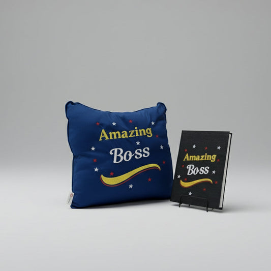 Blue pillow with 'Amazing Boss' text on a gray surface