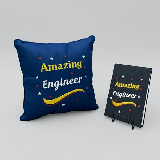 Blue pillow and black stand with 'Amazing Engineer' text on a white background