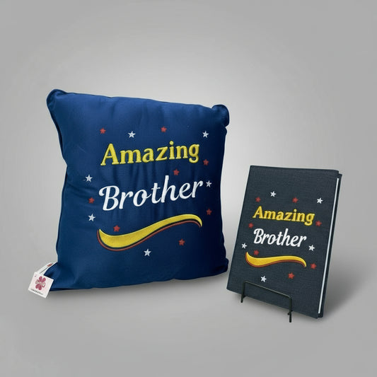 Blue pillow and notebook with 'Amazing Brother' text on a gray background