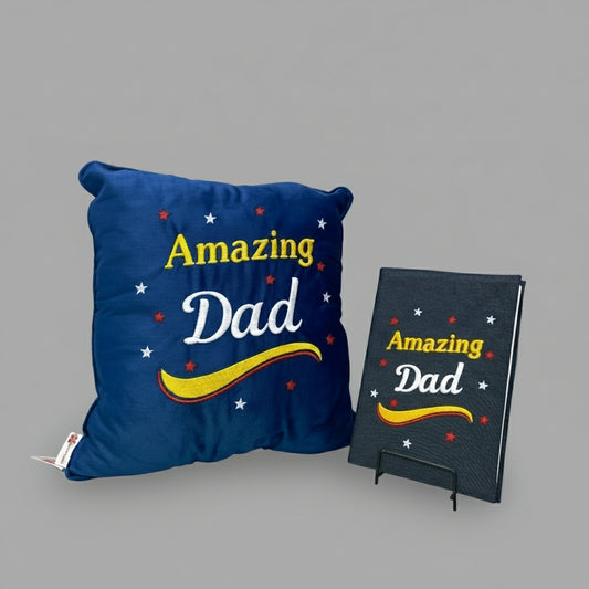 Blue pillow with 'Amazing Dad' text and a matching sign on a gray background
