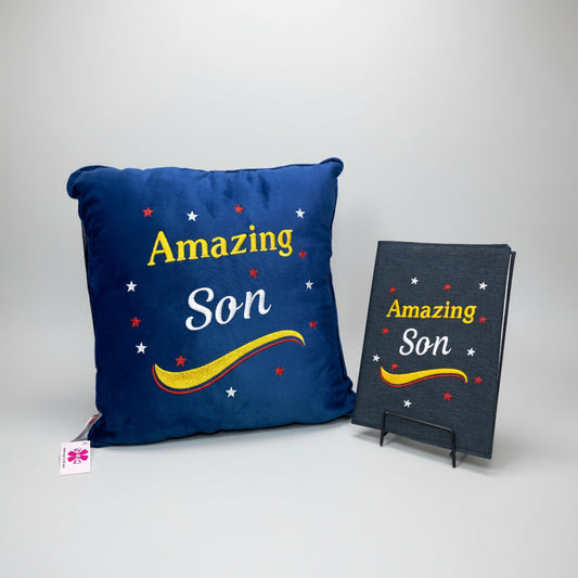 Blue pillow and black book with 'Amazing Son' text on a gray background