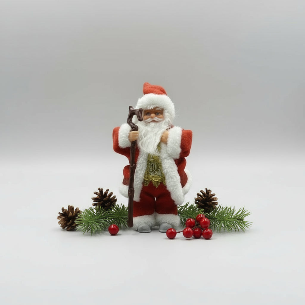 Santa Claus figurine holding a rifle on a white background