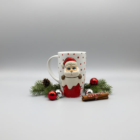 Decorative mug with a cartoon character on a gray surface