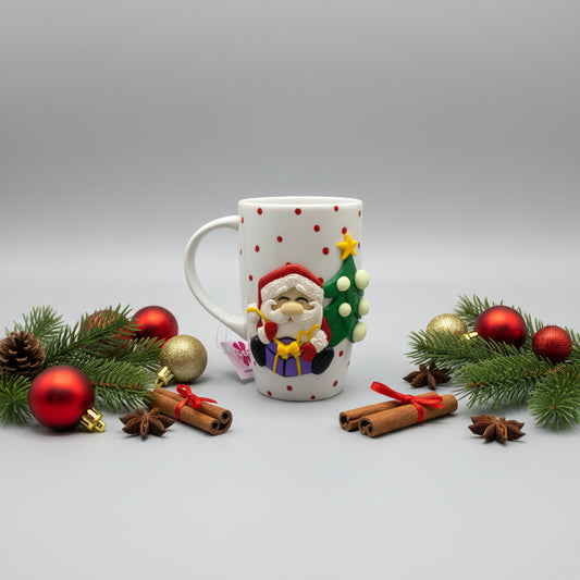 Decorative mug with colorful design on a plain background