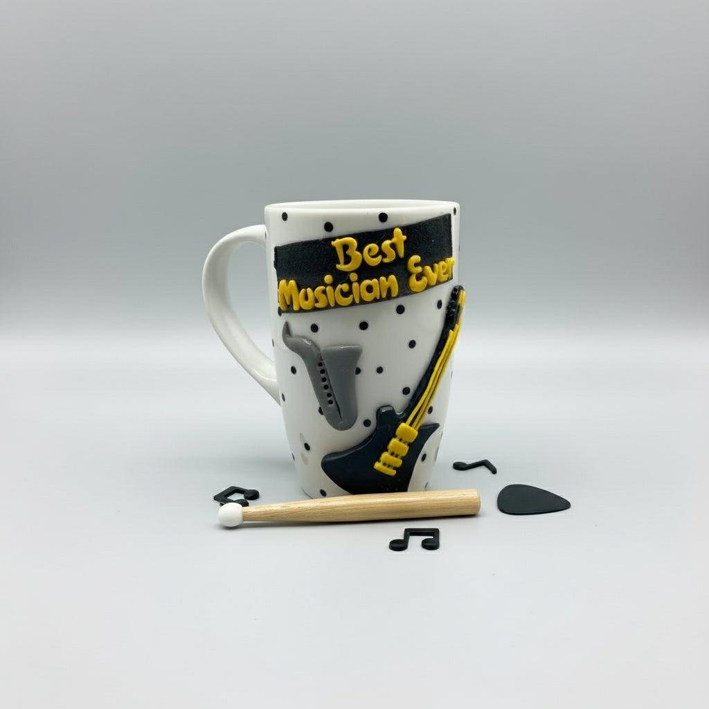 Mug with guitar design and 'Best Musician Ever' text on a white background