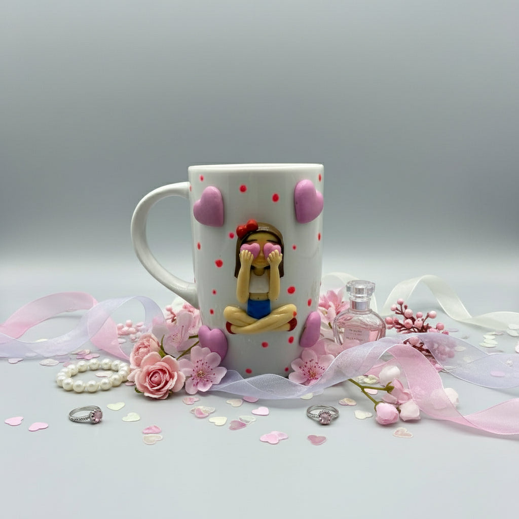 Decorative mug with polka dots and a handle on a plain background
