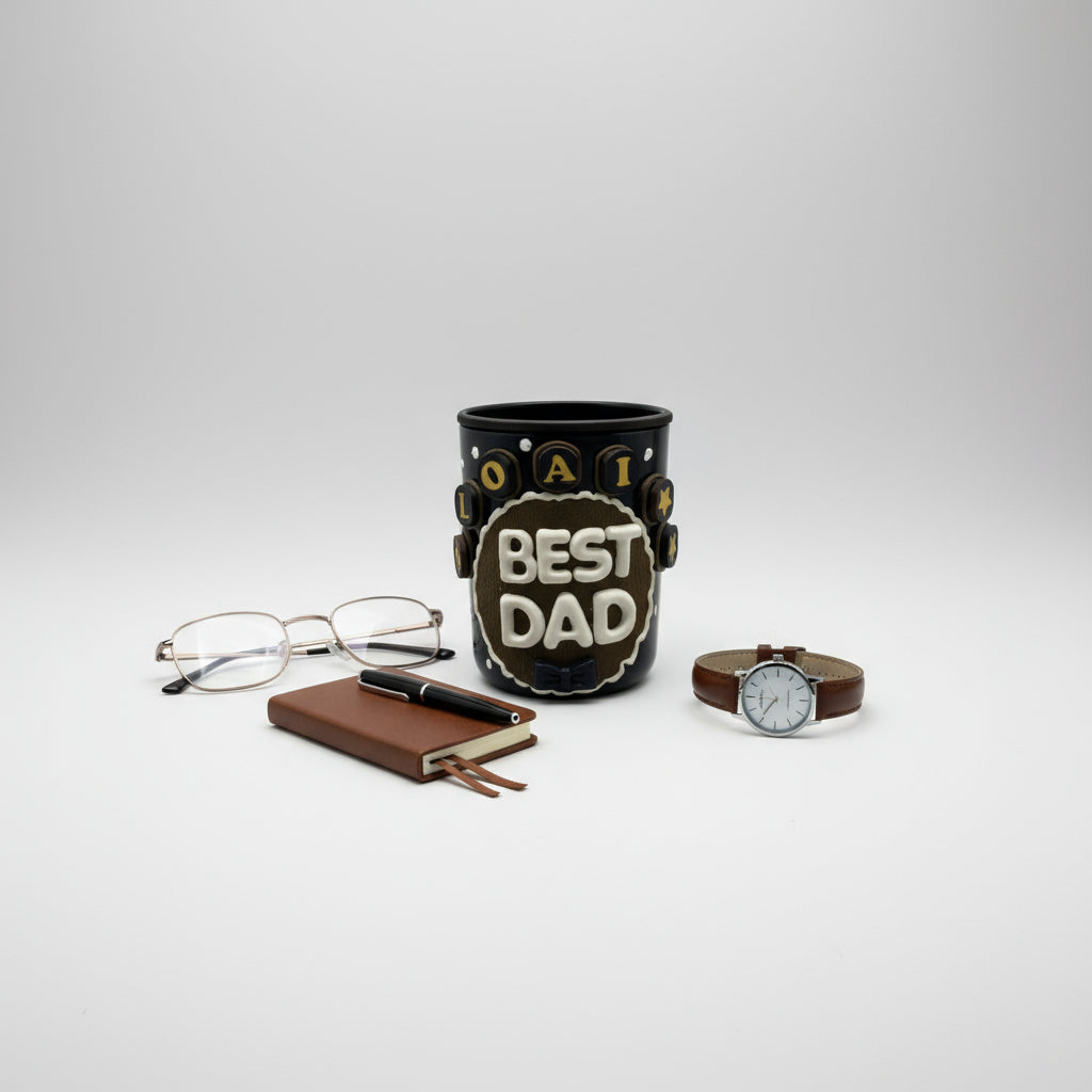 Small decorative item with 'Best Dad' text on a gray background