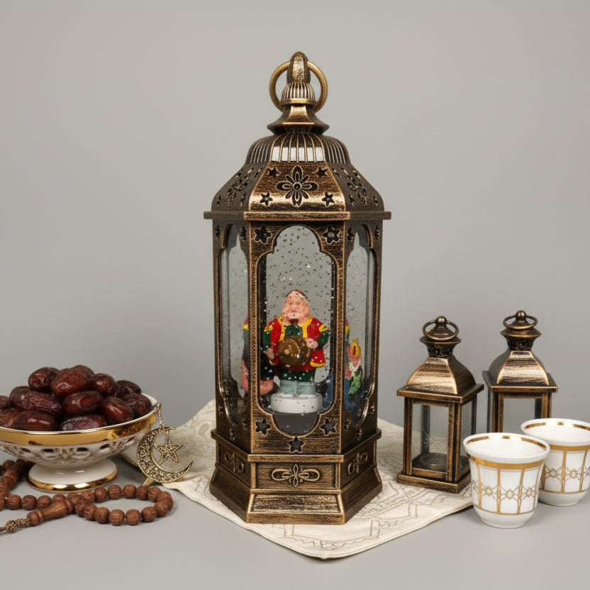 Decorative lantern with figurine, dates, and cups on a gray background