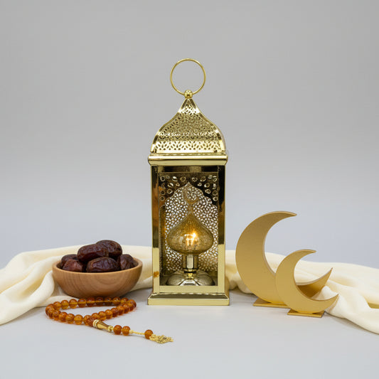 Decorative gold lantern on a plain background