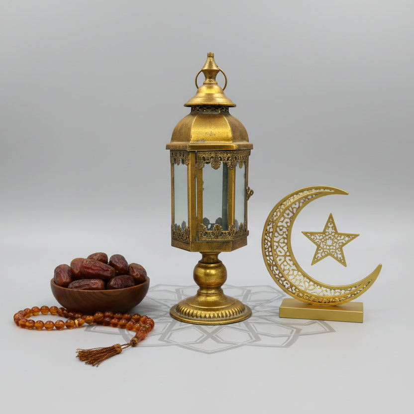 Decorative gold lantern on a gray background
