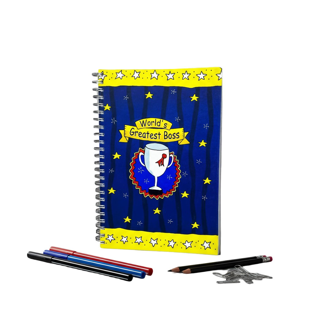 Notebook with 'World's Greatest Boss' design on a gray background