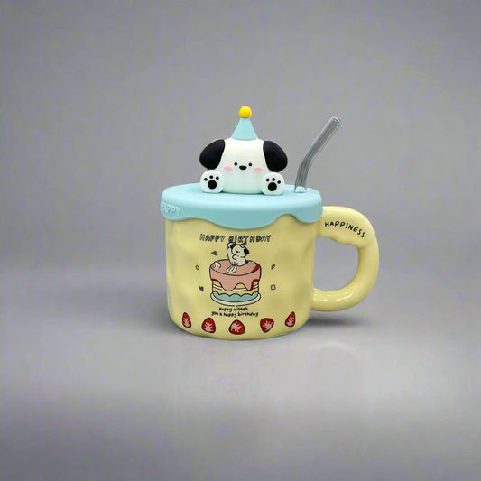Cute cartoon-style cup with a handle on a gray background
