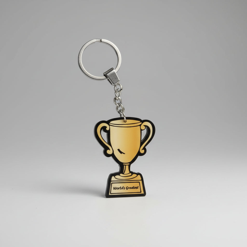 Trophy-shaped keychain on a white background